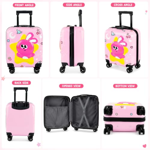 Image of Storite 18In Kids Luggage Trolley Hard Shell Cabin Suitcase | Cartoon Bunny Star Design Suitcase Ideal For School Trips Vacations Holidays And Weekend Travel(Peach Pink-35 x 23 x 38 Cm)