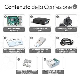Raspberry Pi 4 8GB Starter Kit Black | Alimentatore USB-C 15 W | Alloggiamento | 64 GB Edition | Cavo Micro HDMI 4k | Set dissipatore di calore