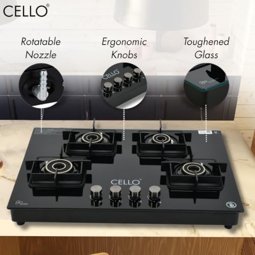 Image of Cello Pearl Plus Hob-Top 4 Burner | Manual Ignition | 8mm Toughened Glass | Flower Design Brass Burners | 1 Year Warranty by Cello | Black