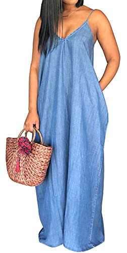 Image of SeNight Women's Maxi Denim Dress Spaghetti Strap with Pockets | Maxi Denim Dress Spaghetti Strap Loose Fit Summer Beach Long Dress with Pockets