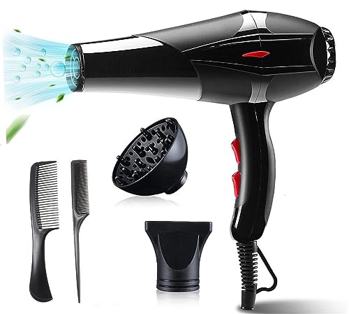 Secador de Pelo Profesional Iónico 4500w iones Motor AC 3 Temperaturas 2 Velocidades, 1 Concentrador y 1 Difusor, Rápido Secado Cabello