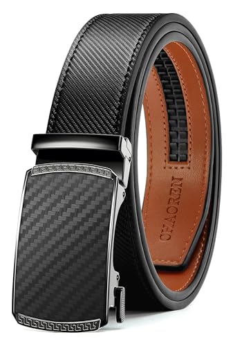 Image of Chaoren Leather Ratchet Belt 2 Pack Dress with Click Sliding Buckle 1 3 /8 inch in Gift Set Box - Adjustable Trim to Fit