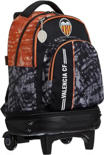 Mochila Escolar con Ruedas Juvenil Tres Compartimentos, Valencia CF, Doble Cremallera con Carro Desmontable 34,5x44,5x23cm Color Negro - m-offcie (Valencia)