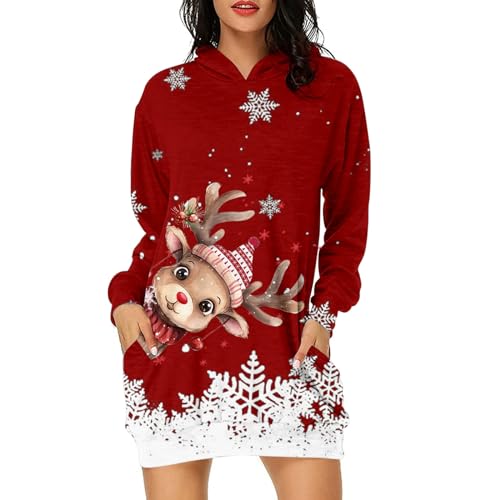 Weihnachtspullover Kleid Damen Ugly Christmas Sweater Lang Weihnachtsbaum Druck Schöne Weihnachtskleid Hässliche Übergröße Kapuzenpullover mit...