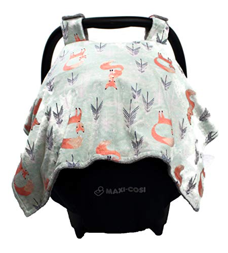 Image of Dear Baby Gear - Baby Car Seat Canopy - Infant Car Seats Covers - Carseat Canopies for Boys and Girls - Toddler Carseat Cover with Snap Opening (Woodland Foxes and Pine Trees, Light Gray 40 inchx30 inch)