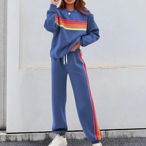 Women 2 Piece Lounge Set Rainbow Striped Sweatshirt High Waist Sweatpants Color Blocked Suit Matching Sweatsuit3