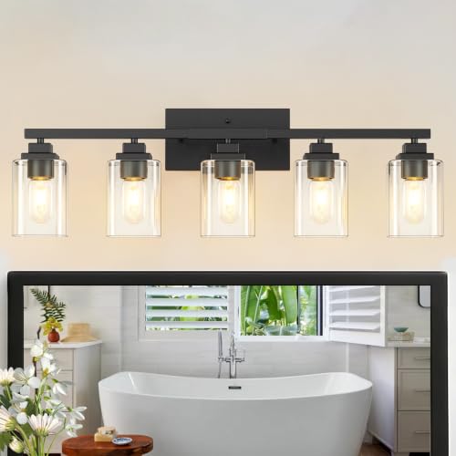 Image of Matte Black Bathroom Light Fixtures, 5-Light Vanity Lights over mirror