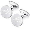 HONEY BEAR Initial Alphabet Letter Cufflinks Tie Clip Set for Mens - Round Stainless Steel, for Business Wedding Gift,Brushed Silver (A) #1