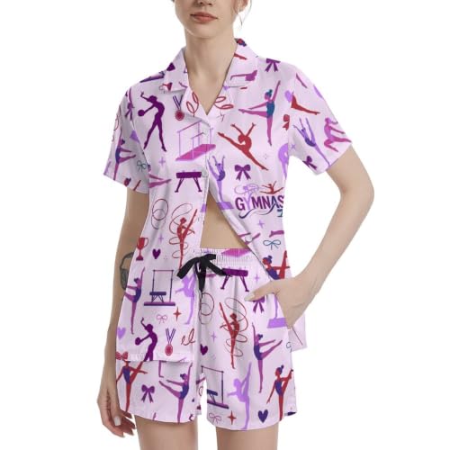 Image of Funny Pajamas for Women Set Print Satin Loungewear Pjs Short Sleeve Button Down Top and Shorts Sets Sleepwear XS-3XL