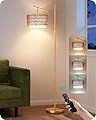 EDISHINE Rattan Arc Floor Lamp with Remote,Gold Farmhouse Floor Lamp with Dimmable LED Bulb,Rattan & Fabric Double Shades,Foot Switch,Wicker Adjustable Tall Lamp for Living Room, Bedroom, Office,