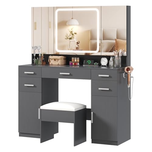 Vanity Desk with Mirror Lights Drawers & Stool