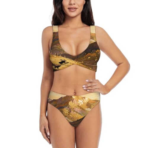 Maillot de bain deux pièces triangle push-up réglable imprimé Moose et fleurs sauvages pour femme