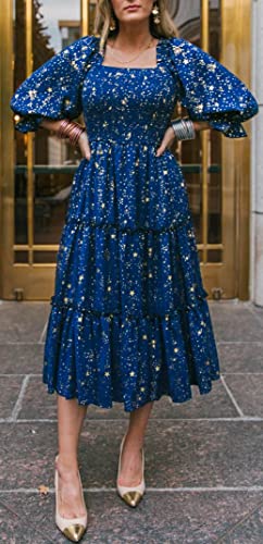 Sister Amy Women's Boho Floral Print Square Neck Beach Party Flowy Ruffle Midi Dress3