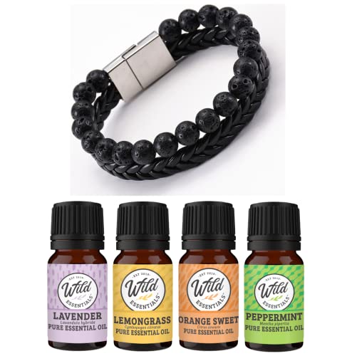 Wild Essentials Double Black Leather Lava Stone Essential Oil Diffuser Bracelet, 8 inch band, Aromatherapy Jewelry Gift Set and 100% Pure Oils (Lavender, Lemongrass, Orange and Peppermint))