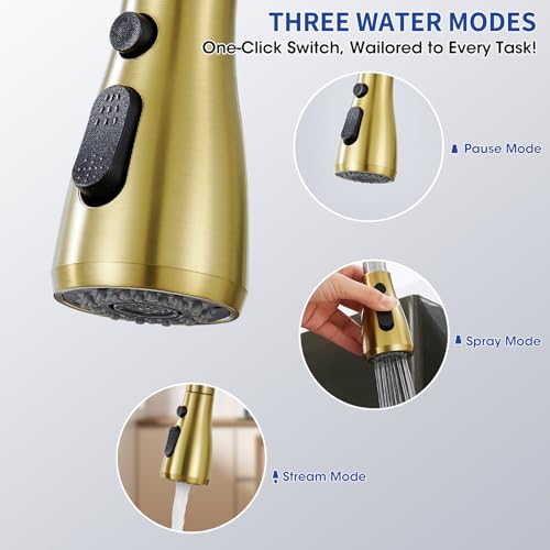 Image of Pull Down kitchen Faucet Head Replacement, Kitchen Faucets 3-Function Spray Nozzle, Kitchen Sink Sprayer Replacement Compatible with Model Number AZ-US-SOEBIZ-CFSLT-GD-03, Brushed Gold