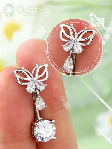 OUFER Belly Button Rings, Butterfly Belly Rings, 316L Surgical Steel Navel Rings, Clear CZ Belly Piercing Jewelry, Dangle Belly Rings For Women Men3