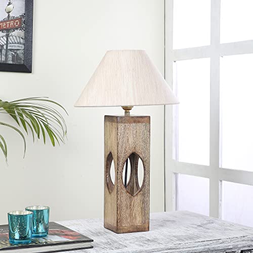 Image of tu casa Handcrafted Mango Wood Table Lamp with Off-White Cotton Shade | Bedside & Study Table Lamp for Bedroom, Living Room, Dining Area & Home Decor | Height 44 cm | Bulb Not Included