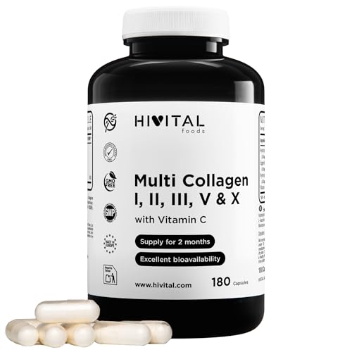 Multi Colágeno Hidrolizado. 180 cápsulas para 2 meses. Con Colágenos del Tipo I, II, III, V y X. Con Colágenos Hidrolizados Bovino y de Pollo, Membrana de Cáscara de Huevo y Vitamina C. HIVITAL