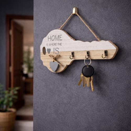 Image of CraftVatika Wooden Key Holder for Wall with 3 Hooks, Key Shape Wall Hanging Organizer Rack, Decorative Entryway Holder for Home Entrance, Wall Mounted Stand, Housewarming Gift, Home Decor Item