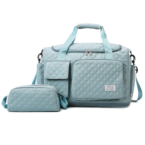 Image of Small Gym Bag for Women, Travel Duffle Bag Carry On Weekender Bag with Shoe Compartment, B1#Lake Blue, Weekender Bag&toiletry Bag