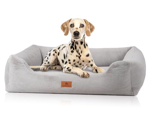Knuffelwuff orthopädisches Hundebett aus kuschelig weichem Kaninchen Fellimitat Schnuffelupagus M-L 85 x 63cm Grau | Abnehmbarer Bezug | waschbar | für große, mittelgroße und kleine Hunde