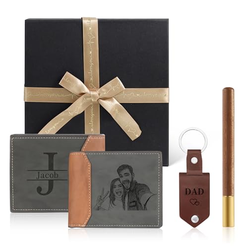 Gift for Men Him Husband - Personalized Wallets for Men, Mens Wallet Set Keychain Gift Box, Custom Initial Photo Wallet Slim Leather Wallet