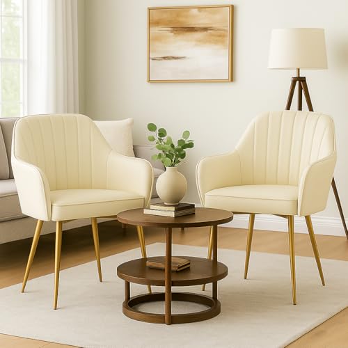 Image of Velvet Accent Chair | Luxury Upholstered Armchair with Sturdy Metal Legs | Modern Comfortable Chair for Living Room, Bedroom, Office, or Cafe (Golden Legs, White 2pc)
