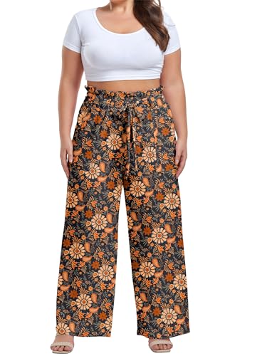 Image of OLRIK Women's Plus Size Pants Adjustable High Waisted Wide Leg Palazzo Pants Casual Trousers with Pockets Spring Clothes
