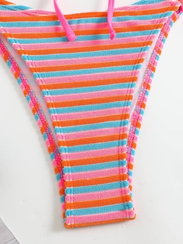 Falainetee Women's Striped Printed Bandeau Bathing Suit High Waisted Swimsuit Bikini Set Pink M - Image 4