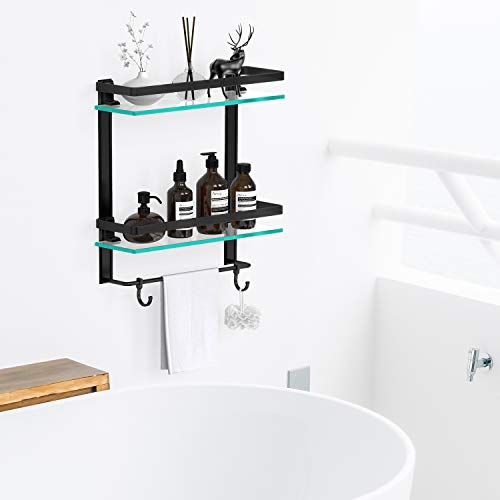 Vdomus Floating Glass Bathroom Shelf, Tempured Glass Bathroom Shower Caddy 2 Tier Shelf With Towel Bar Wall Mounted Shower Bathroom Storage 15.2 By 5 Inches (Matte Black) #TOP3