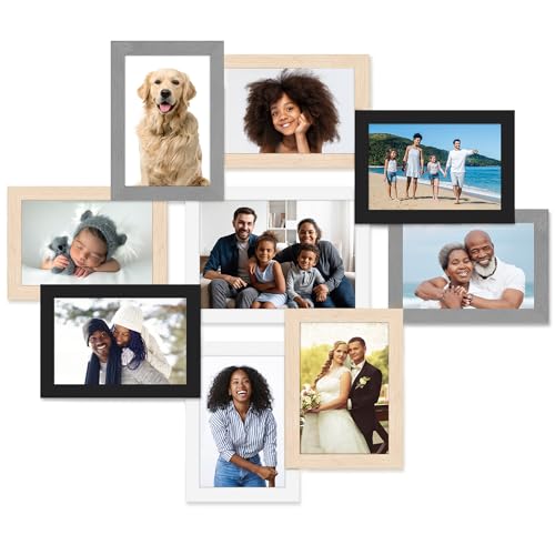 Icona Bay Picture Collage Frames, Mixed Colors, One 5x7 Surrounded by Eight 4x6 Inch, 9 Openings Total, Self-Assembly Modern Style Wood Composite Frame, Wall Mount Only, Bliss Collection