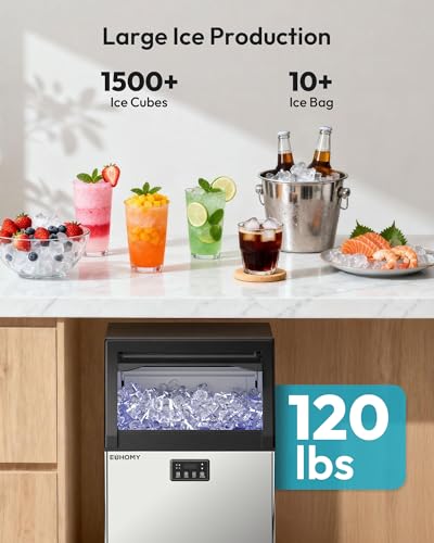 Image of EUHOMY Commercial Gourmet Ice Maker,120lbs /24H, Non-Clumping,33lbs Bin | Under Counter Ice Maker Machine,24pcs Hat Cubes Per Cycle, Freestanding Ice Maker for Home /Bar /Cafe /Restaurant