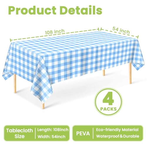 Image of Mulbozy 4 Pcs Light Blue Checkered Tablecloth 54 x108 Inches Rectangle Blue Gingham Tablecloth Disposable Plastic Waterproof Table Cover for Outdoor Picnic, Kitchen, Holiday Birthday Party
