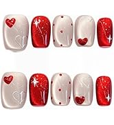 24Pcs Valentines Press on Nails Short Square Fake Nails with Designs Heart Acrylic Nails Glitter ...