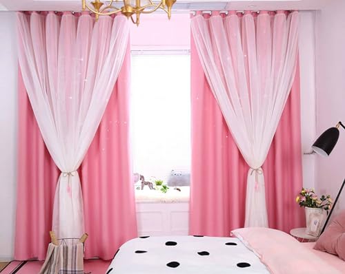 Mesnt Blackout Curtains 84 Inches Long, 42W x 84L Pink Double Layers Hollow Stars Pattern Thermal Insulated Curtains for Bedroom Living Room