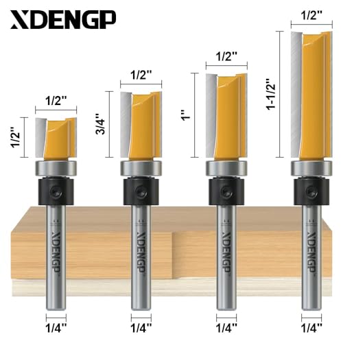 Image of 4 PCS Pattern Flush Trim Router Bit Set 1 /4 Inch Shank, Top Bearing Flush Cut Trim Router Bit for Woodworking, Cutting Diameter: 1 /2 inch, Cutting Length: 1 /2 inch, 3 /4 inch, 1 inch, 1-1 /2 inch