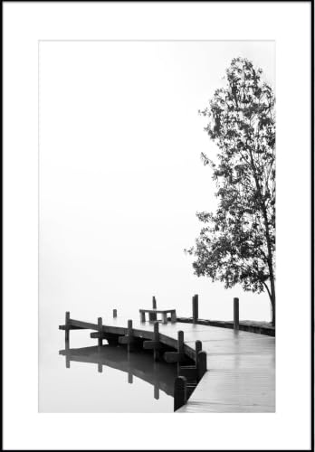 Tableau lac et arbre noir et blanc pour salon zen | Déco murale épurée 50x70 cm