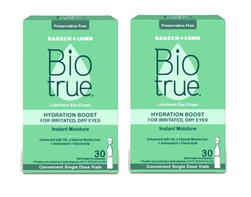 Biotrue Hydration Boost Eye Drops for Irritated, Dry Eyes in Single Dose Vials from Bausch + Lomb, Instant Moisture, Preservative Free, pH Balanced, Naturally Inspired, 30 Count (Pack of 2)