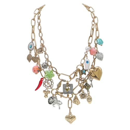 JNF Chunky Layer Heart Charm Necklace for Women Boho Heart Sun Flower Key Coins Charms Necklaces Paperclip Link Chain Necklace Y2K Statement Jewelry