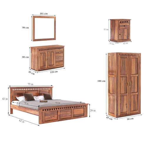 Image of SONA ART & CRAFTS Kuber Solid Sheesham Wood Bedroom Set | King Size Bed Without Storage, Wardrobe, Chest of Drawer & Two Bedside Tables - Natural Finish (Assembly Included)