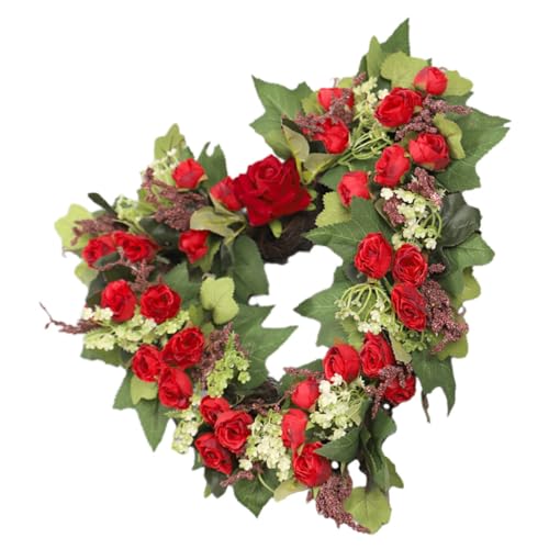SEWACC Ghirlanda a Forma di Cuore in Rattan e Stoffa Rossa Corona di Rose Artificiali per Porta D’Ingresso Decorazione da Appendere per San Matrimoni e Ambienti Interni ed Esterni