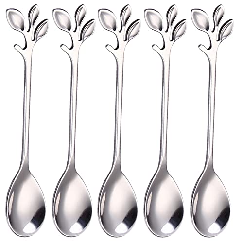 5 Pieces Coffee Spoons, Stainless Steel Tea Sugar Spoons Dessert Tea Spoon, Leaf Shape Handle Spoon, Teaspoon Espresso Spoons Mini Mixed Spoon 4.7in for Kitchen Tea Parties and Coffee Shops, Silver