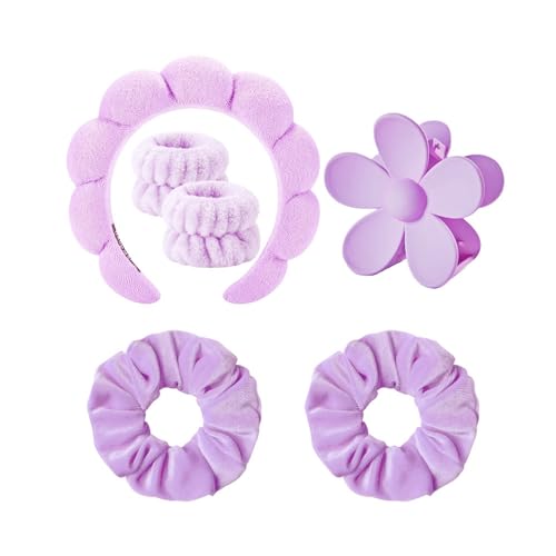 ELDTEC Bandeau de maquillage pour femme, bandeau à bulles pour lavage du visage, joli bandeau bouffant avec bracelet, chouchous et barrette pour femme et fille, accessoire de cheveux (violet-A)