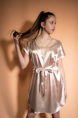 Ekouaer Satin Nightgowns for Women Short Sleeve Nightshirt Silk Sleepwear Lace V Neck Pajama Dress S-XXL4