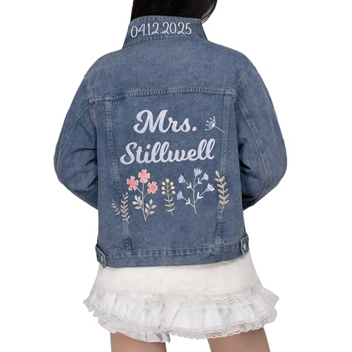 Personalized Embroidered Womens Jean Jacket Custom Bride Denim Jacket Wedding Anniversary Birthday Party Coat