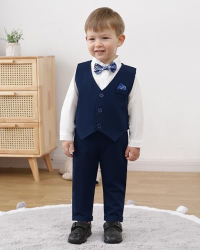 Image of YUEMION Toddler Baby Boy Clothes Suits Gentleman Dress Shirt+Bowtie+Vest+Suspender Pants Boy Formal Wedding Outfits Set 1-5T