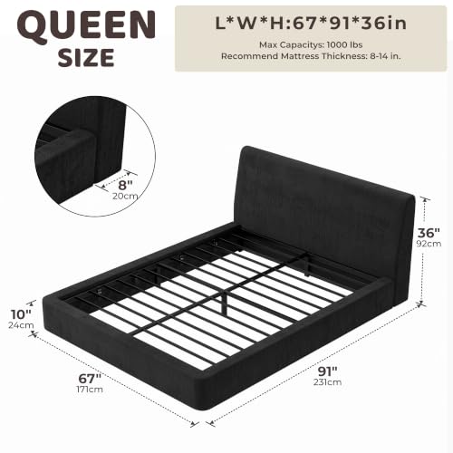 Image of RECCI AirFrame Queen Upholstered Bed Frame with Ergonomic Angled Headboard | Ergonomic Angled Headboard, 360 Soft Foam Surround, Low Profile Cloud Bed Frame, No Box Spring Required, Easy Assembly