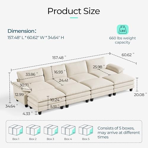 Image of LINSY HOME Modular Sectional Sofa - 157 Inch Oversized Corduroy Cloud Couch with Movable Ottoman Soft Modern Comfy Sofa Set for Living Room Apartment Office (Beige, 4-Seat & 4-Ottoman)