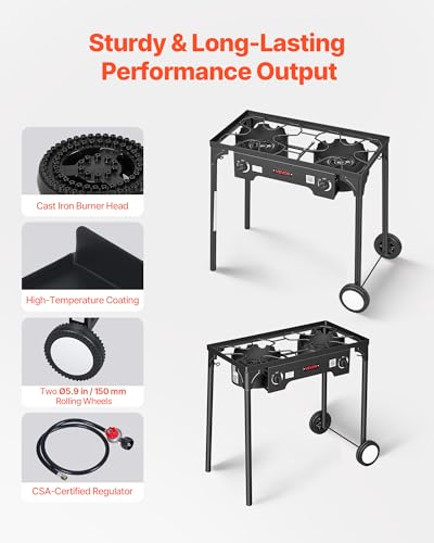 Image of VEVOR 2 Burner Outdoor Propane Gas Stove, 150,000 BTU Propane LPG Gas Camping Stove, Heavy-duty Carbon Steel Outdoor Cooker, with 2 Wheels & 20 PSI Regulator & Hose, for BBQ Camp Home Patio Backyard
