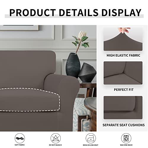 Image of Easy-Going 2 Pieces Microfiber Stretch Chair Slipcover - Spandex Soft Fitted Sofa Couch Cover Washable Furniture Protector with Elastic Bottom Kids Pet Taupe | Spandex Soft Fitted Sofa Couch Cover for Living Room Washable Furniture Protector with Elastic Bottom Kids Pet Taupe